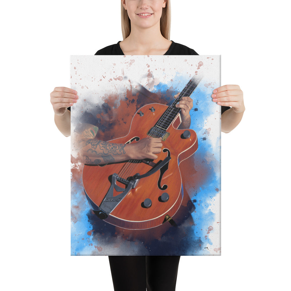digital painting of an orange electric guitar with hands printed on canvas
