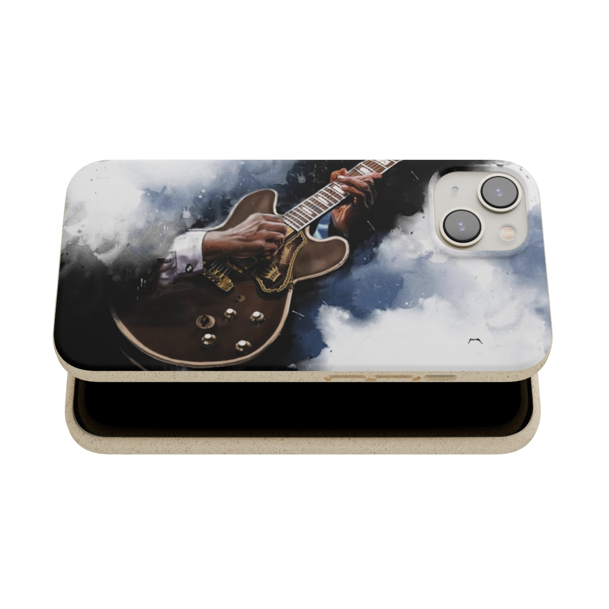 Digital painting of a black electric guitar with hands printed on a biodegradable iphone phone case