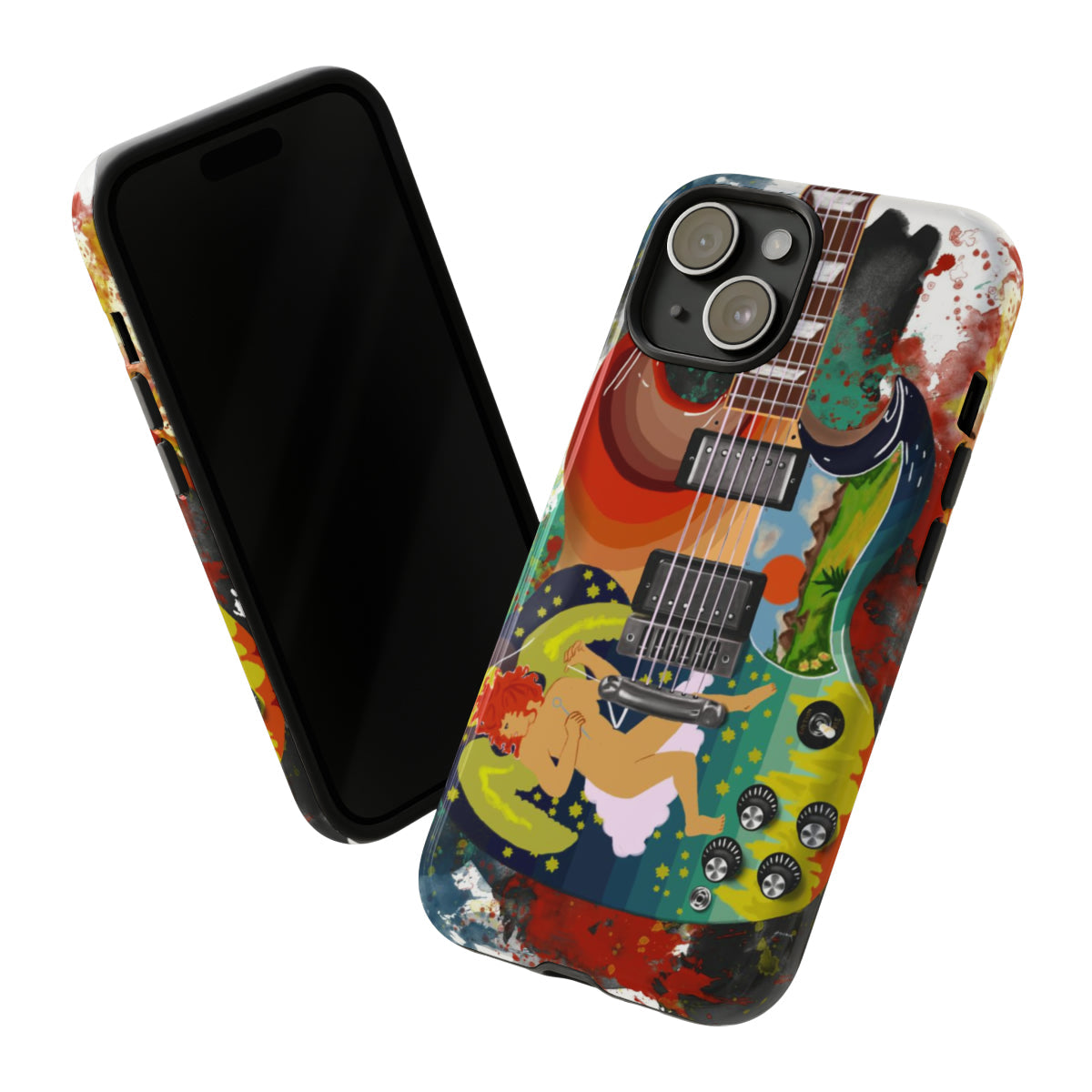digital painting of a colorful electric guitar printed on iphone case