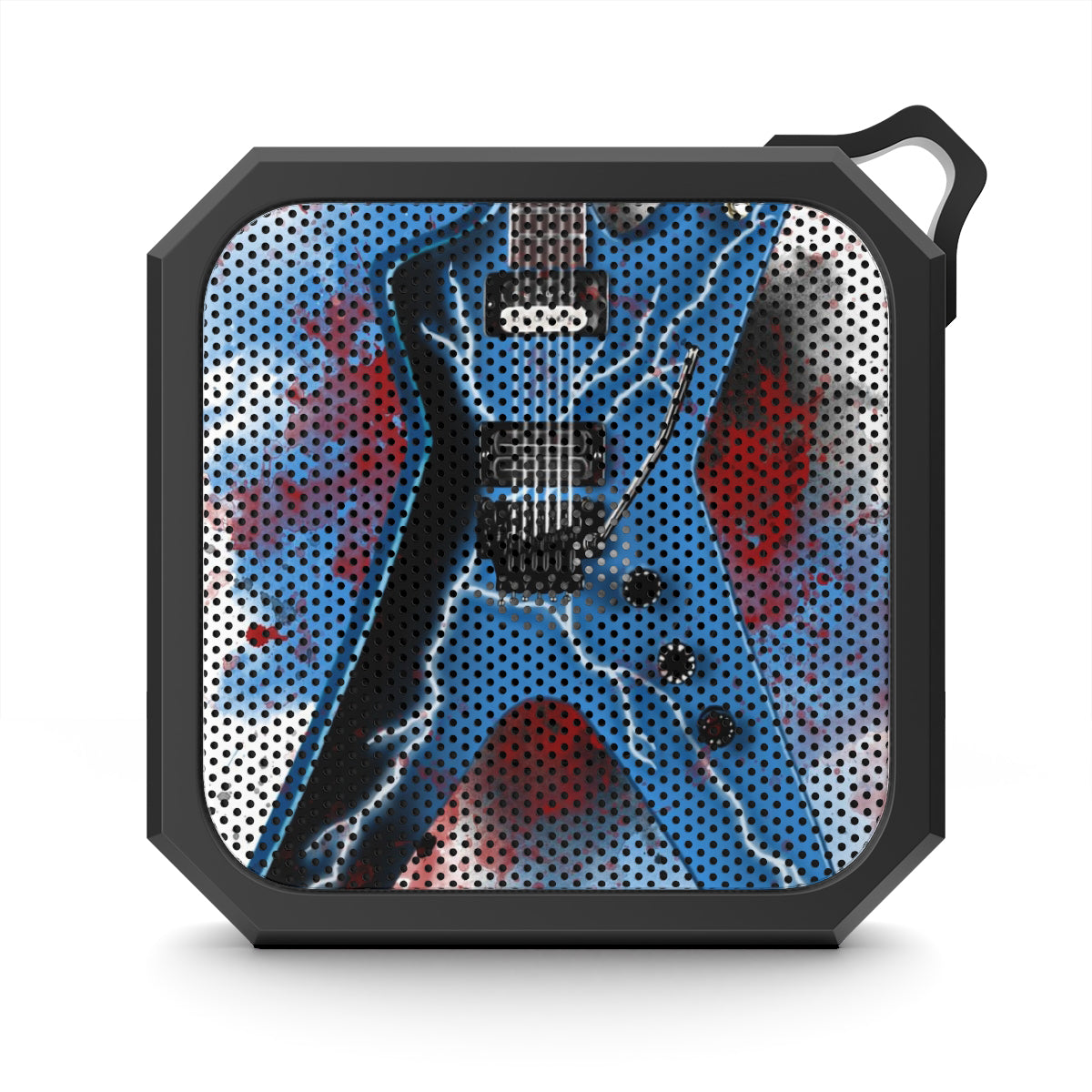 digital painting of a blue electric guitar with lightning on it printed on a bluetooth speaker
