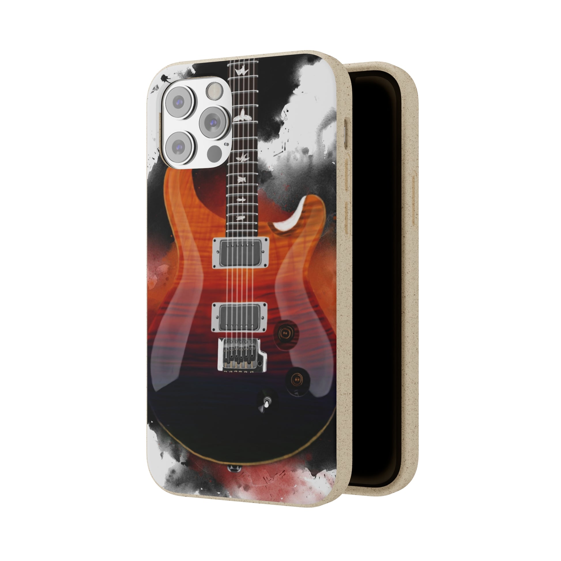 digital painting of an orange blue electric guitar printed on a biodegradable iphone phone case