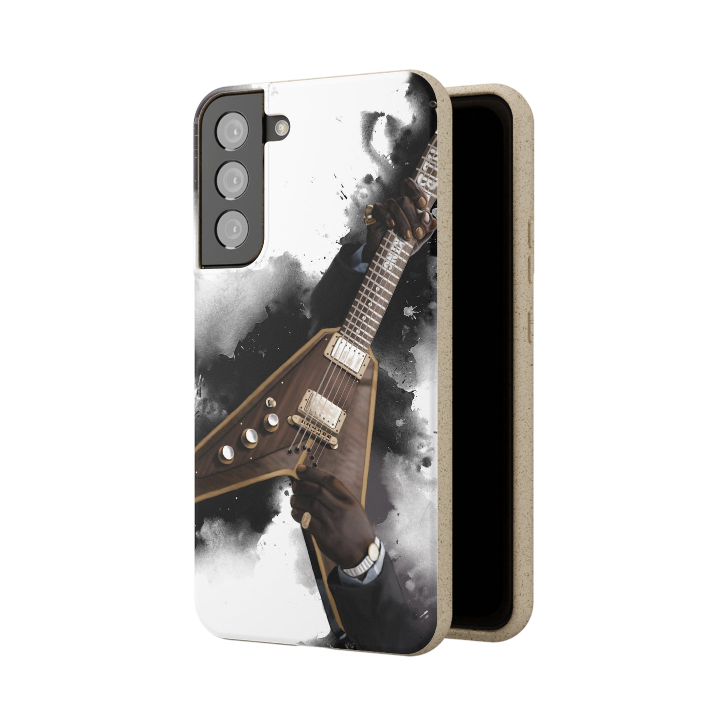 Digital painting of a brown- gold v electric guitar with hands printed on a biodegradable samsung phone case