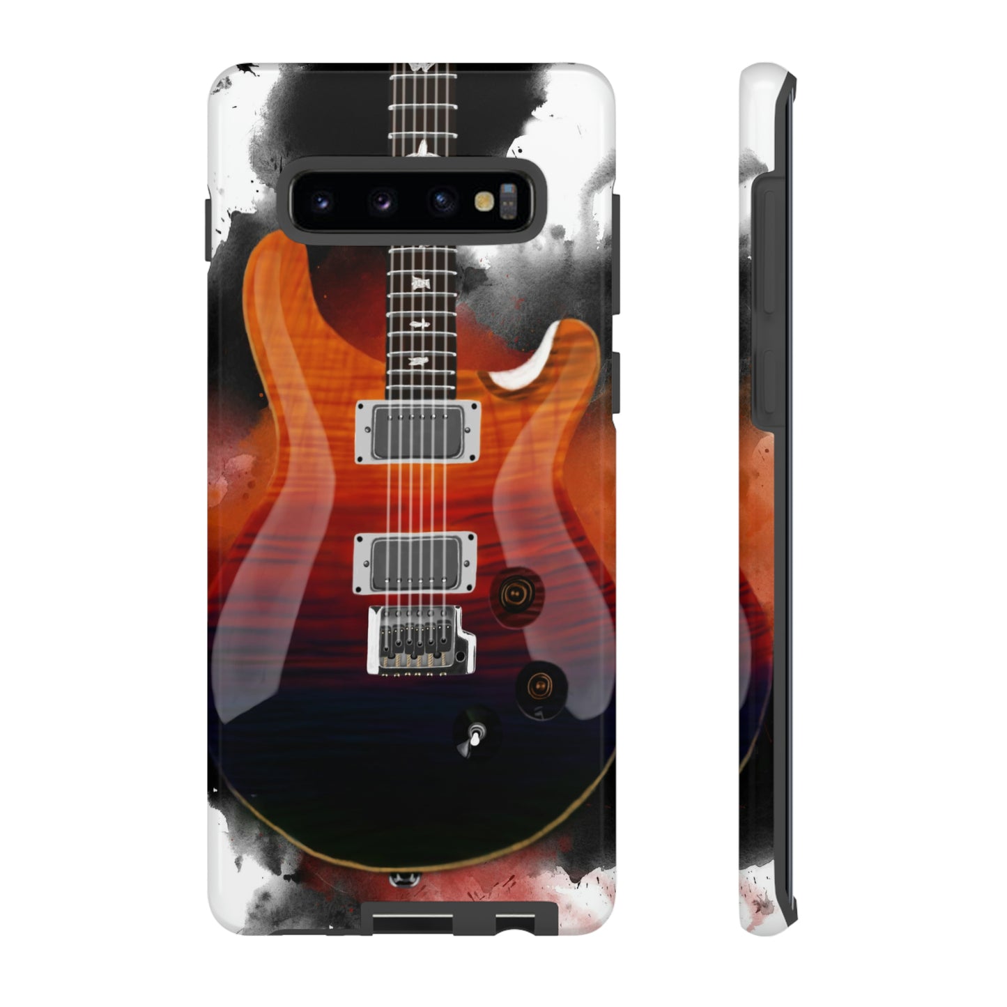 digital painting of an orange red blue electric guitar printed on a samsung mobile phone case