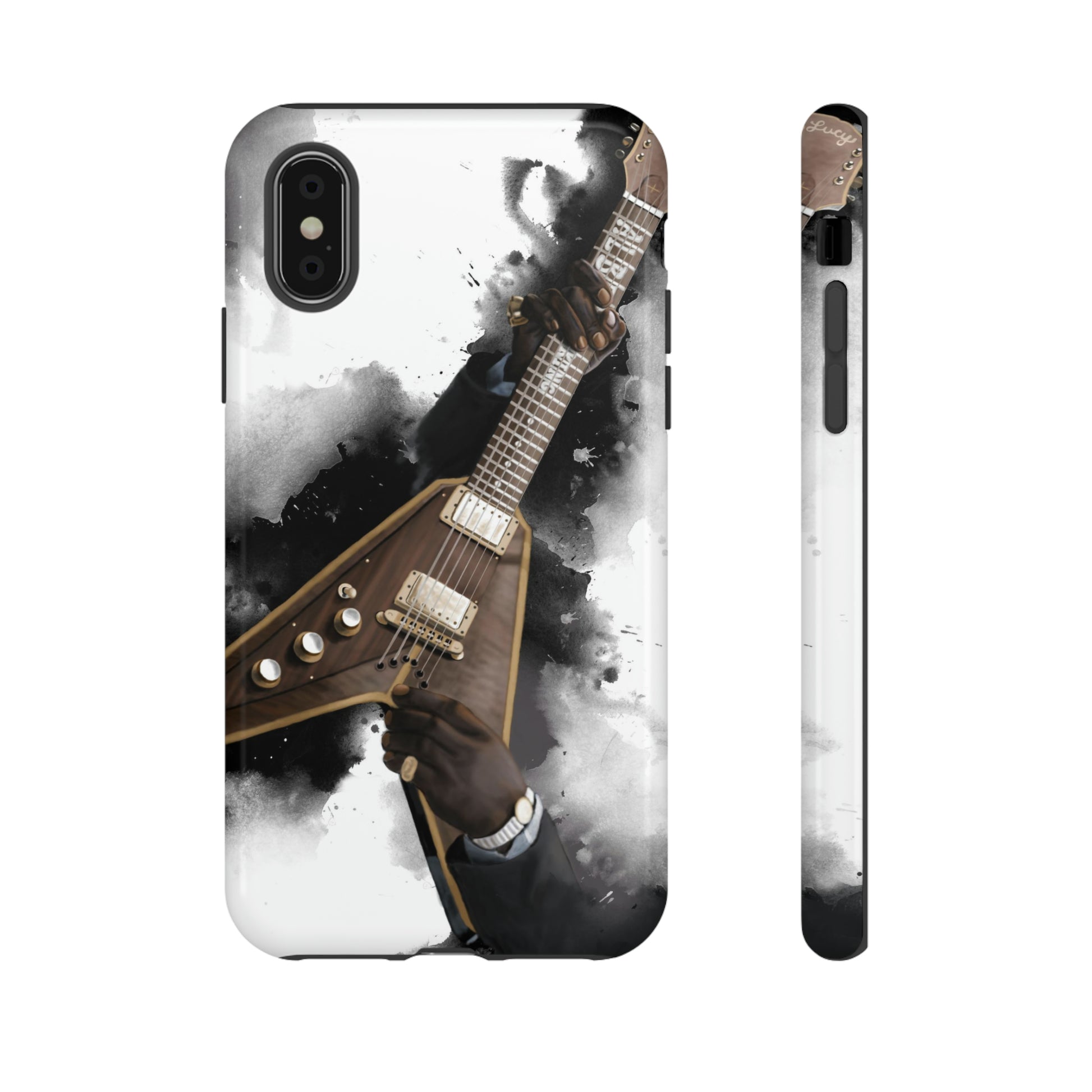 Digital painting of brown-gold electric guitar with hands printed on iphone phone case