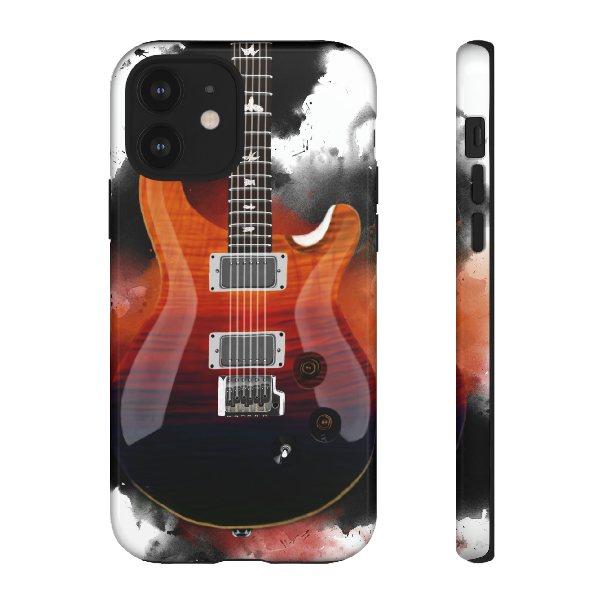 digital painting of an orange red blue electric guitar printed on a iphone mobile phone case