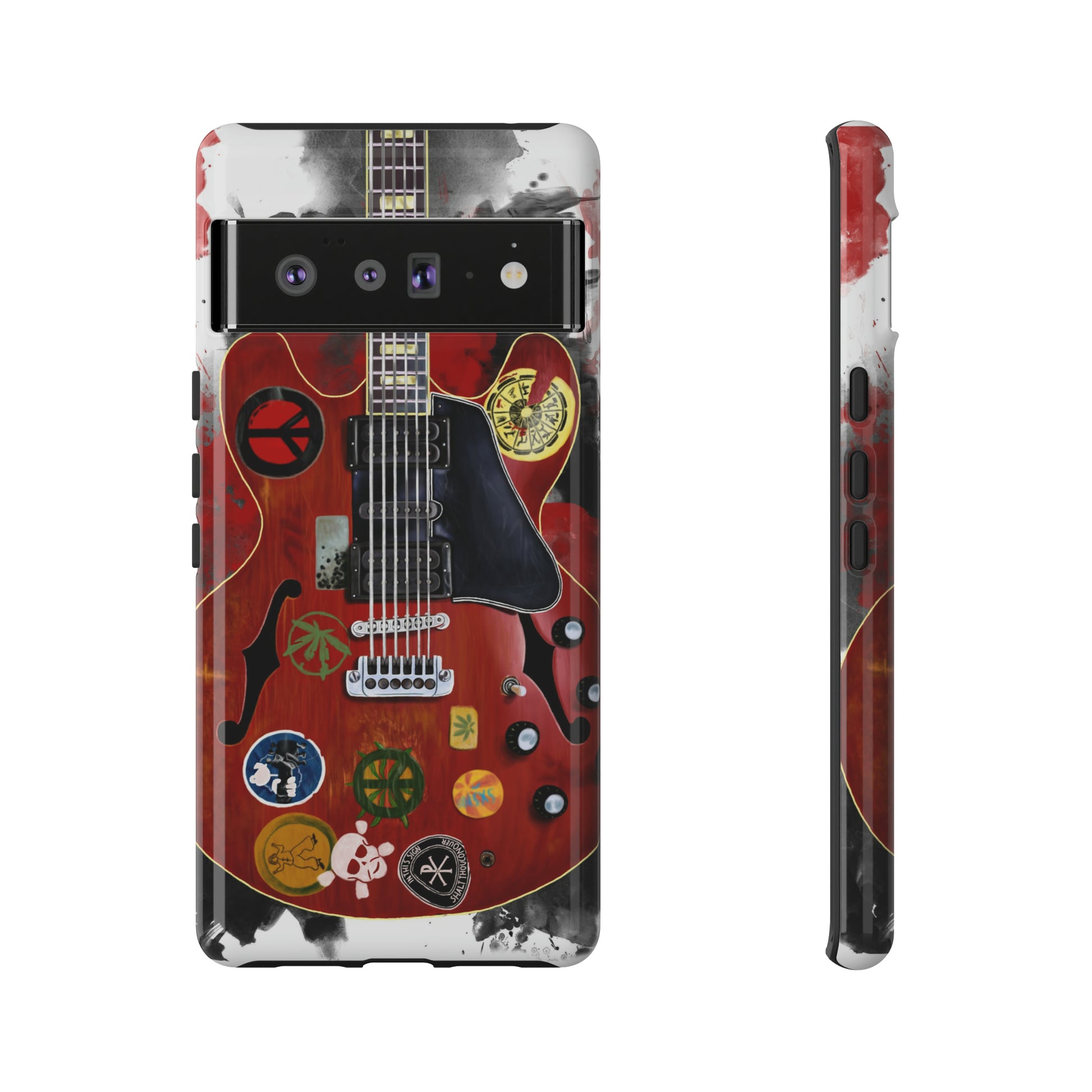 digital painting of a red electric guitar with stickers printed on google phone case