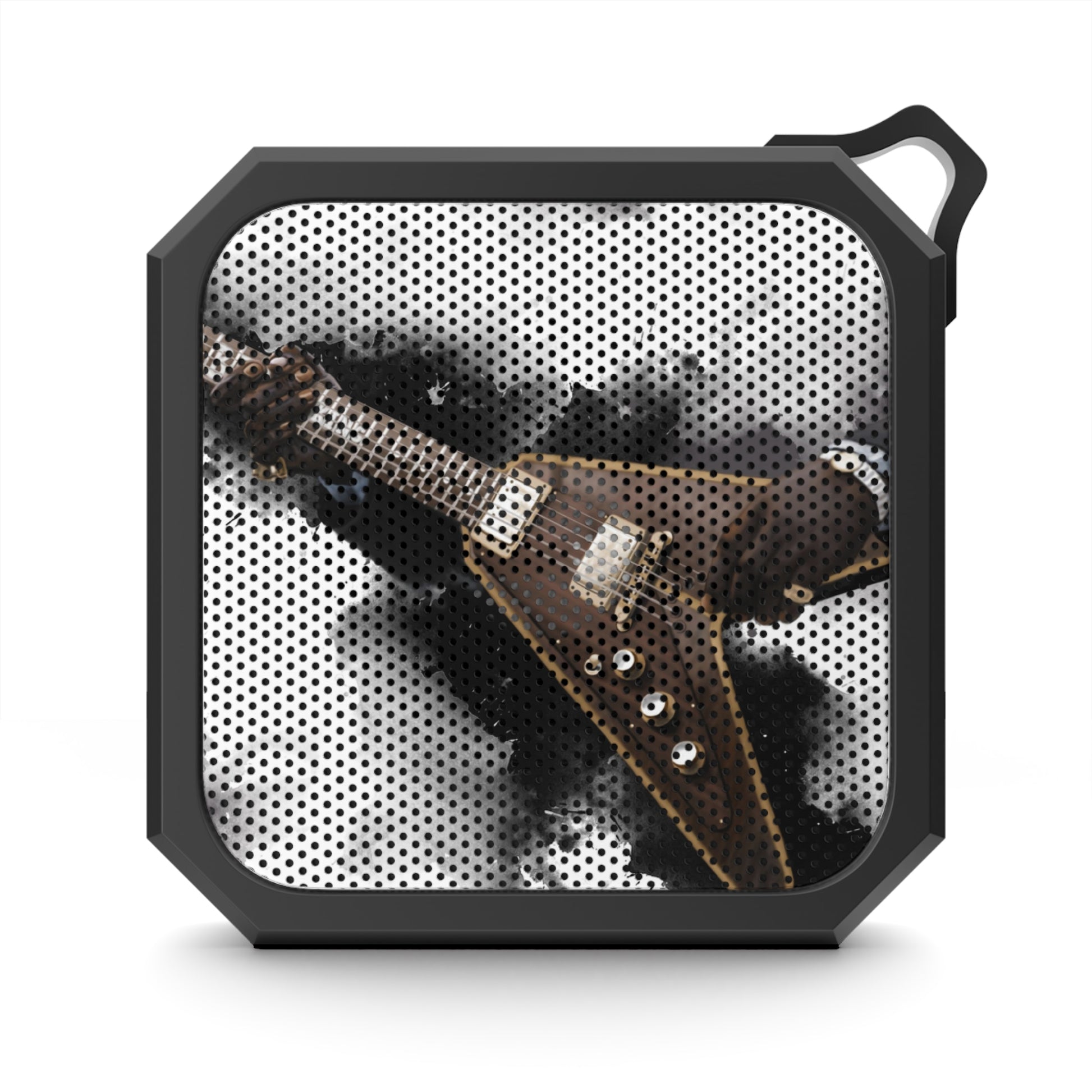 digital painting of a vintage brown electric guitar with hands printed on a bluetooth speaker