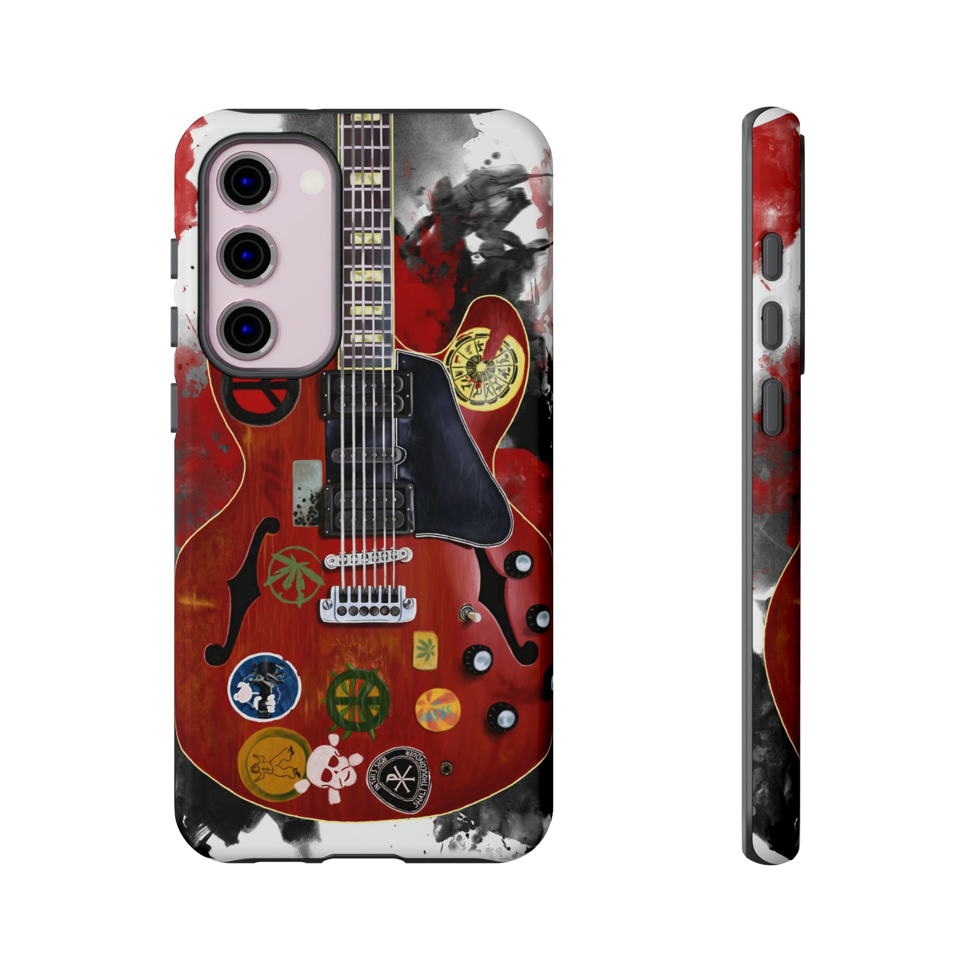digital painting of a red electric guitar with stickers printed on samsung phone case
