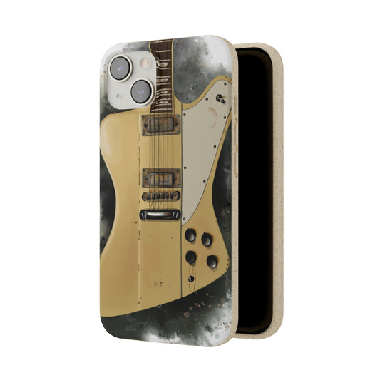 Digital painting of an offset vintage white electric guitar printed on a biodegradable iphone phone case