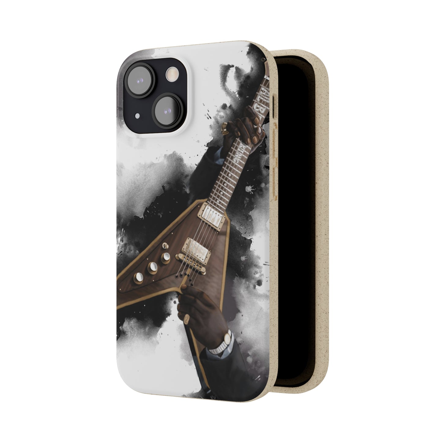 Digital painting of a brown- gold v electric guitar with hands printed on a biodegradable iphone phone case