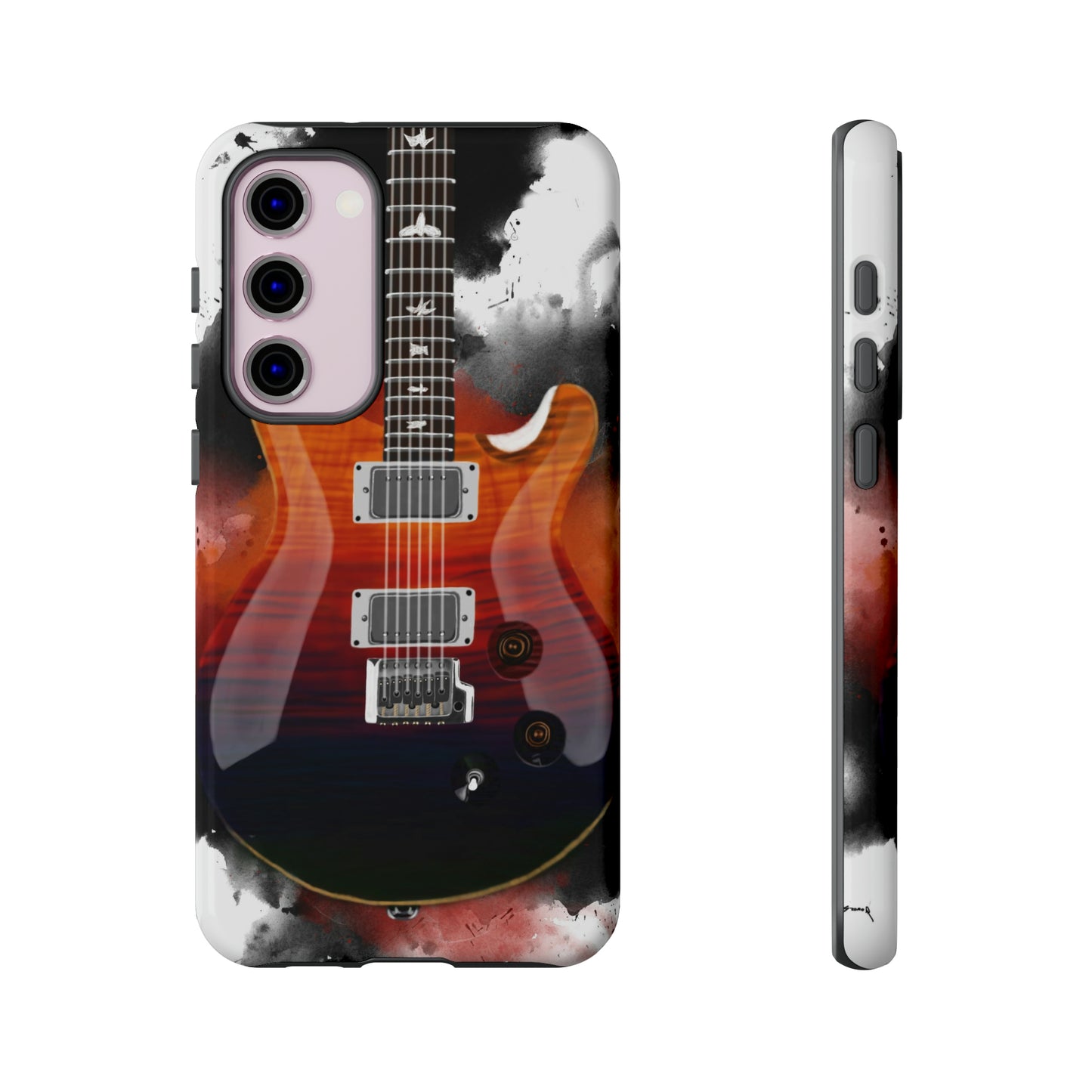 digital painting of an orange red blue electric guitar printed on a samsung mobile phone case