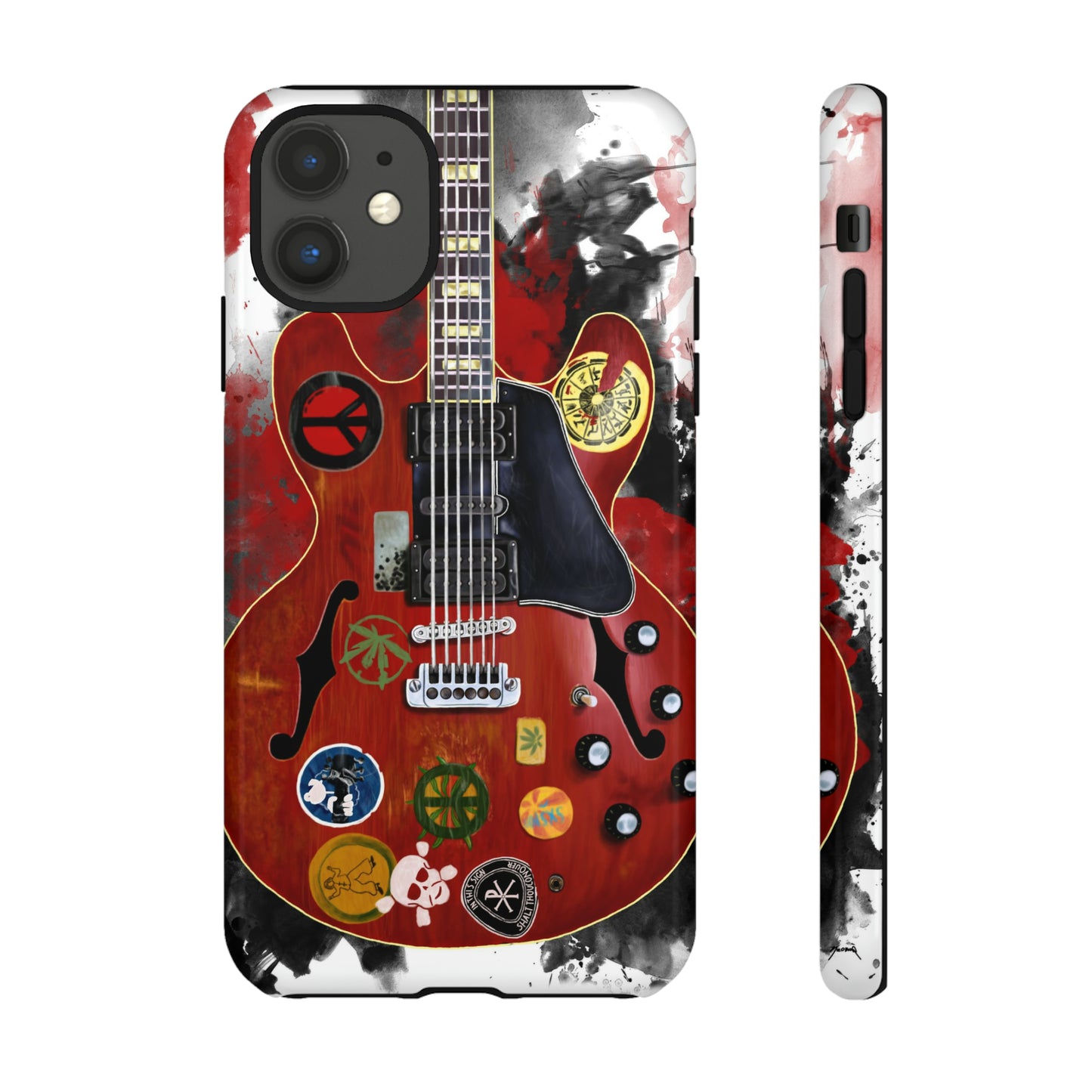 digital painting of a red electric guitar with stickers printed on iphone phone case