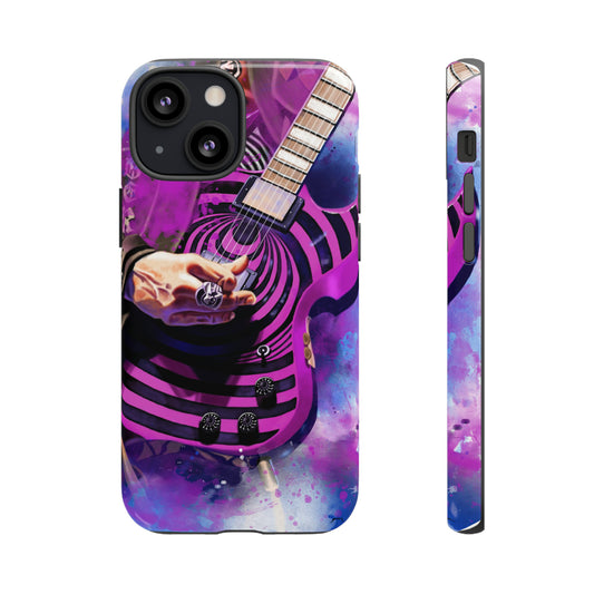 digital painting of a purple-black electric guitar with hand printed on iphone phone case