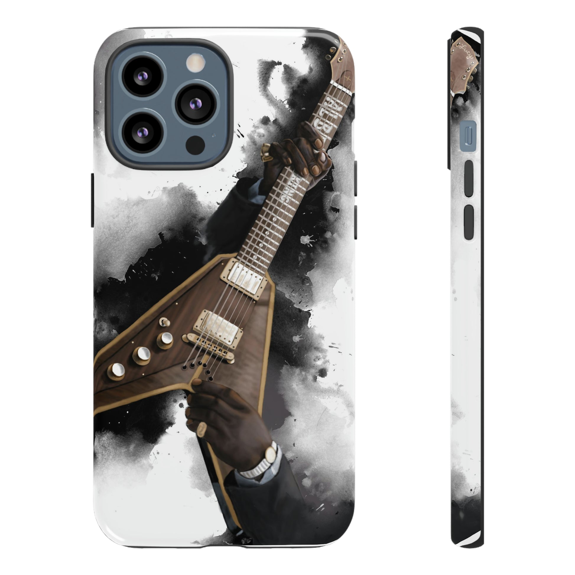 Digital painting of brown-gold electric guitar with hands printed on iPhone phone case