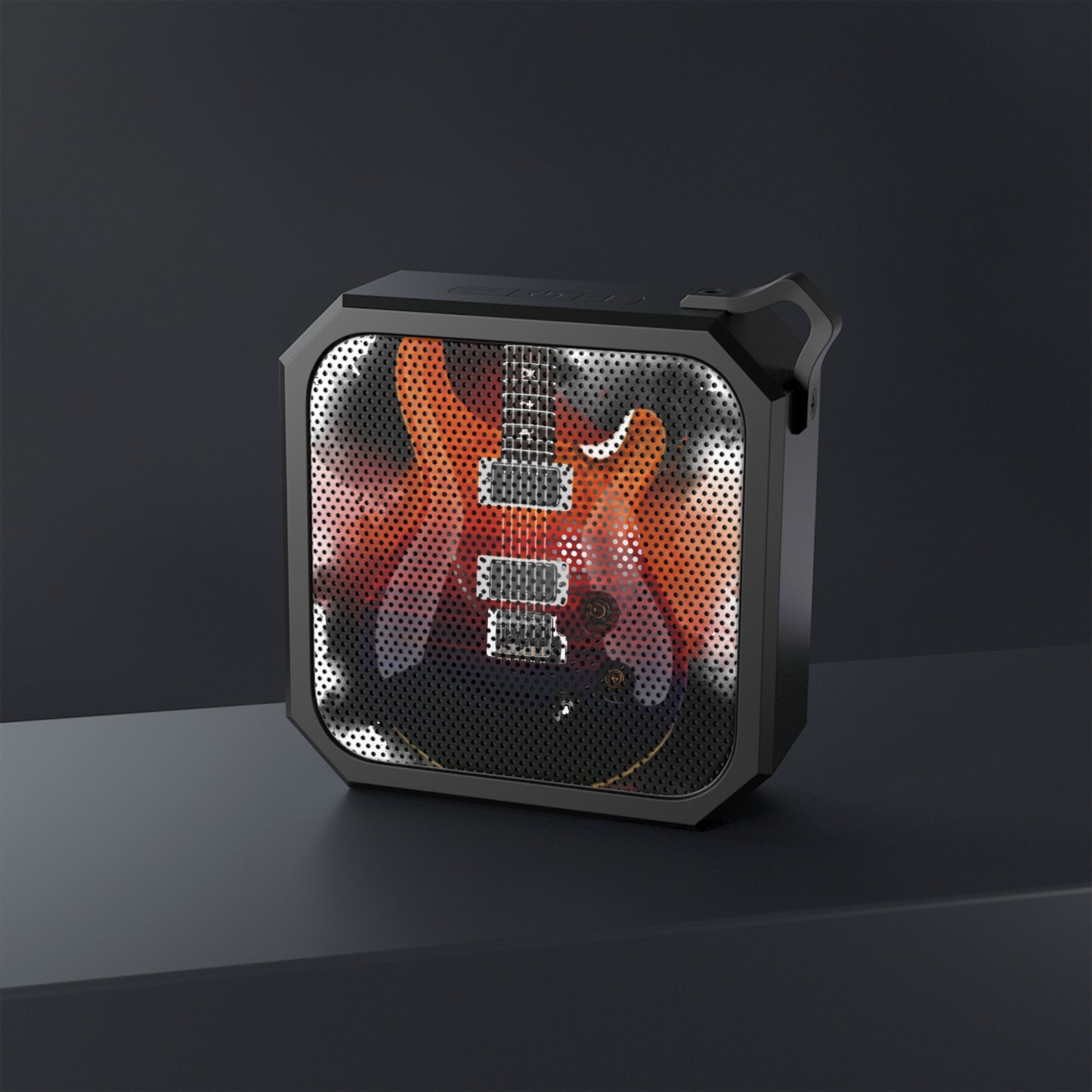 digital painting of a blue-orange-red electric guitar printed on a bluetooth speaker