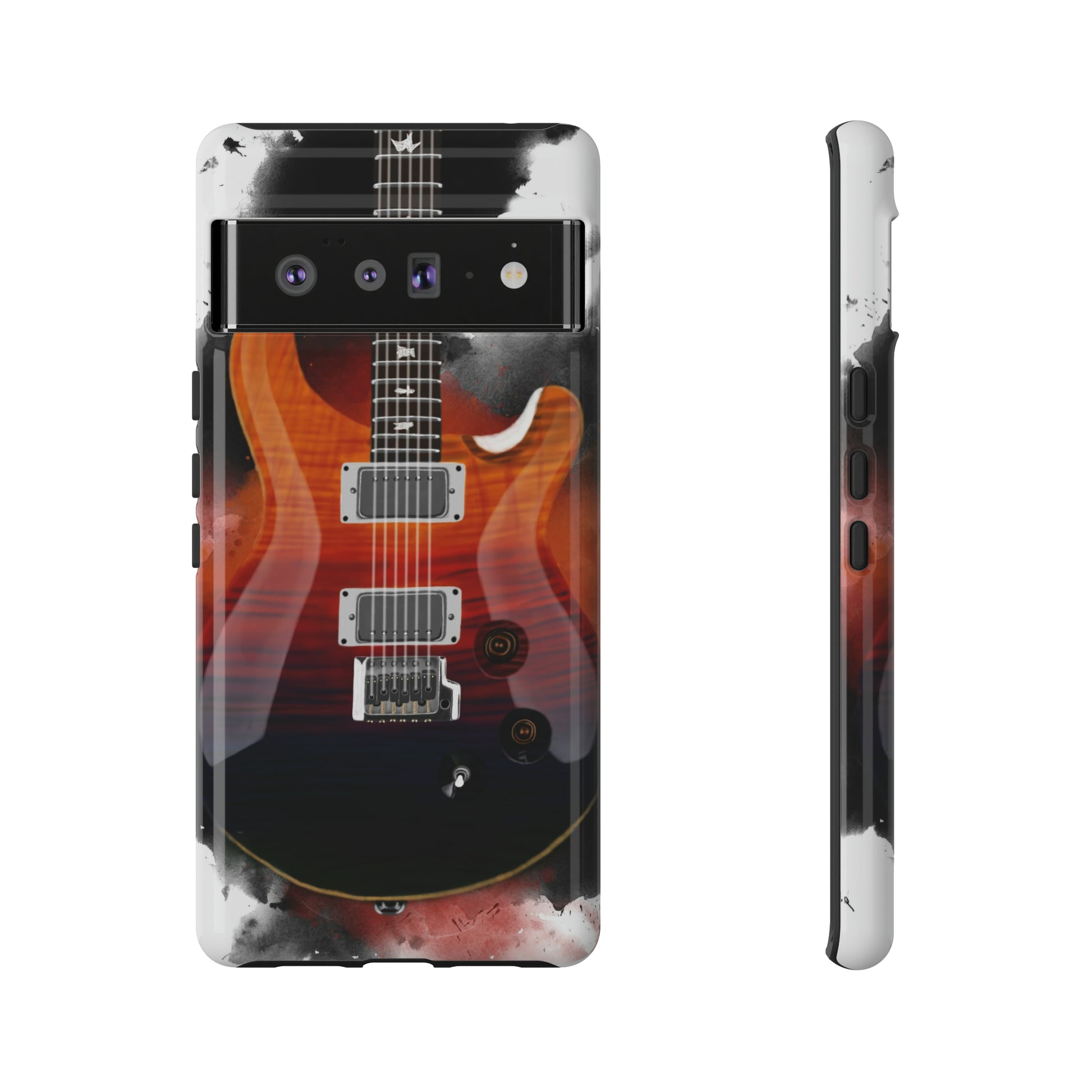 digital painting of an orange red blue electric guitar printed on a google mobile phone case