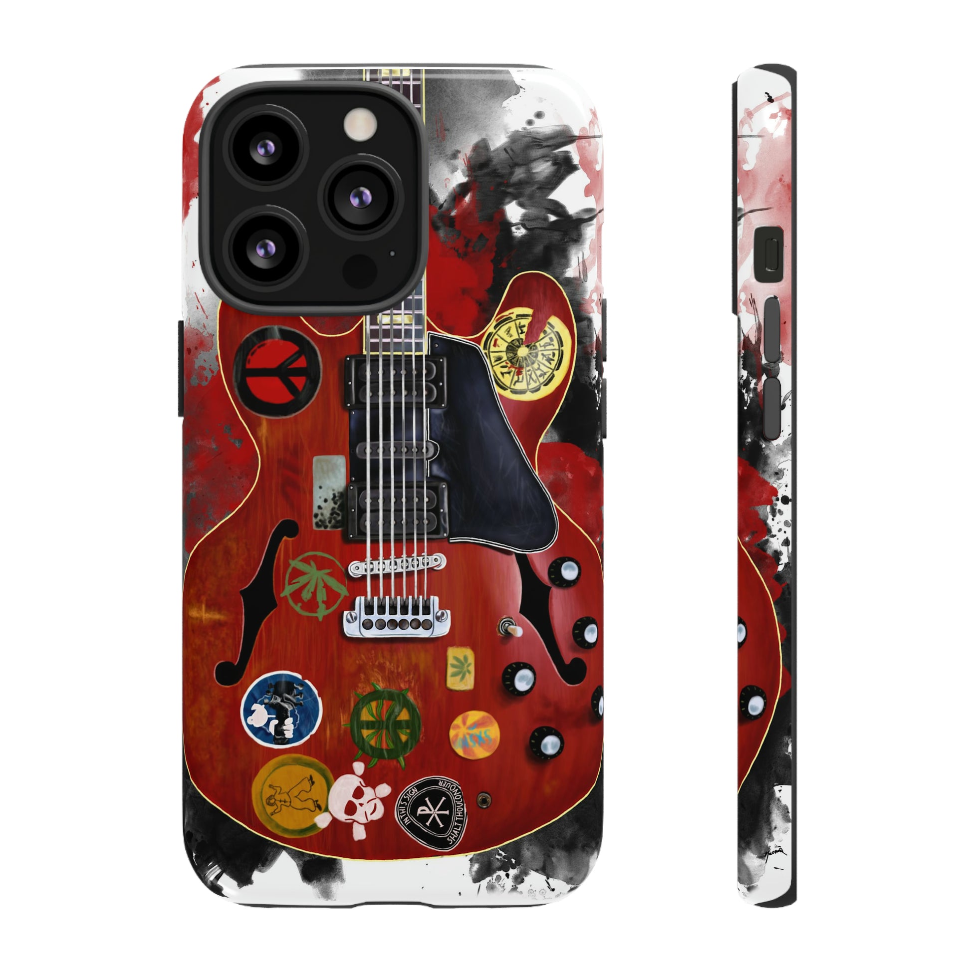 digital painting of a red electric guitar with stickers printed on iphone phone case