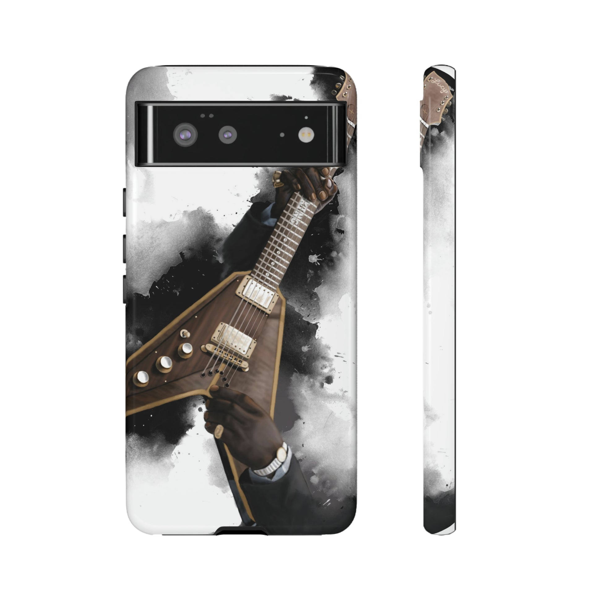 Digital painting of brown-gold electric guitar with hands printed on google phone case