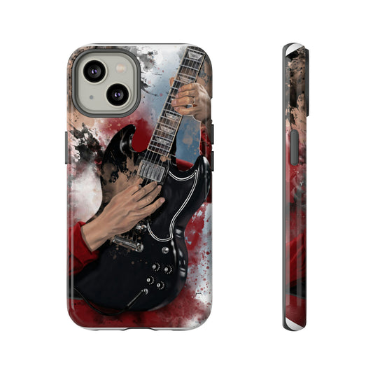Digital painting of a black electric guitar with hands printed on an iphone phone case