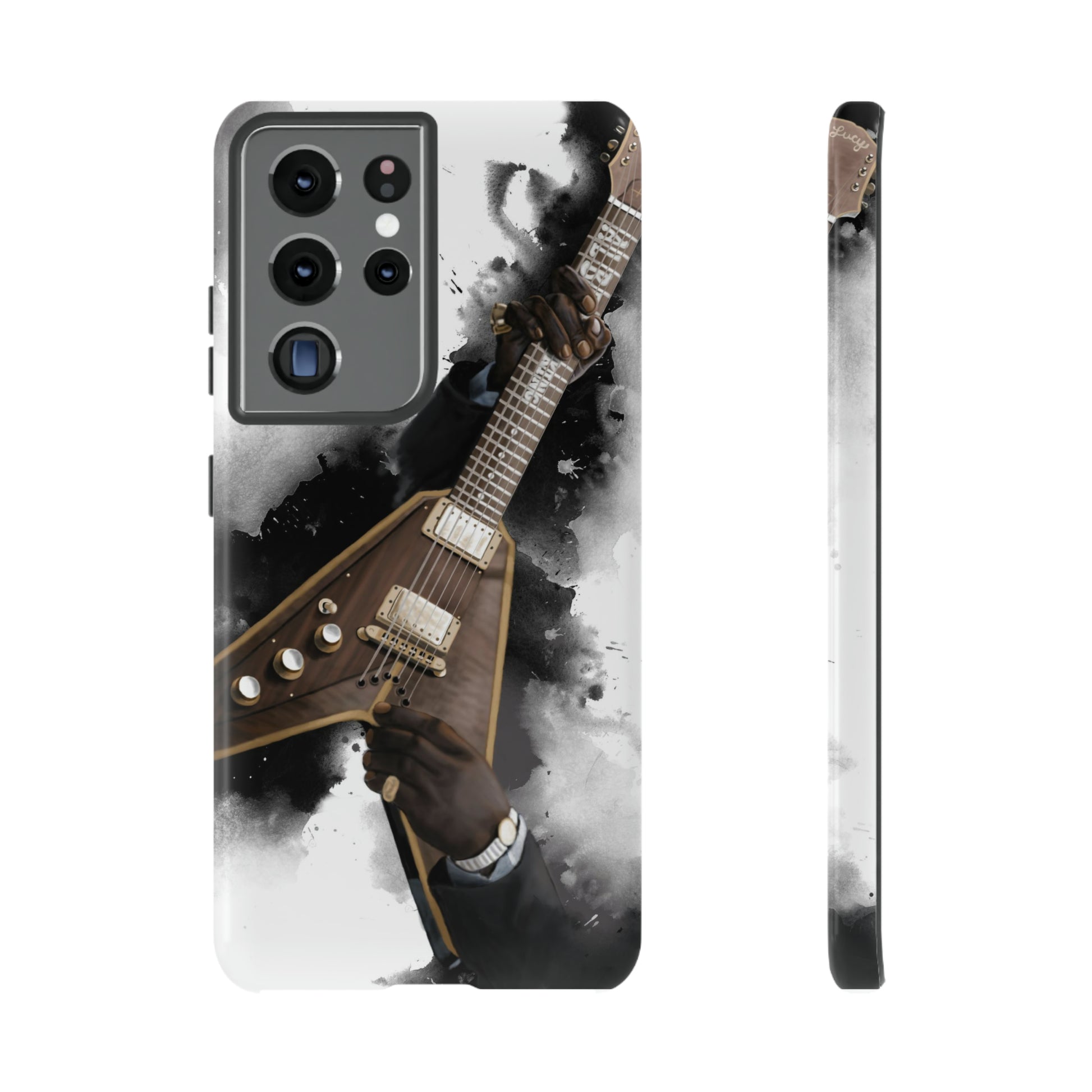 Digital painting of brown-gold electric guitar with hands printed on samsung phone case
