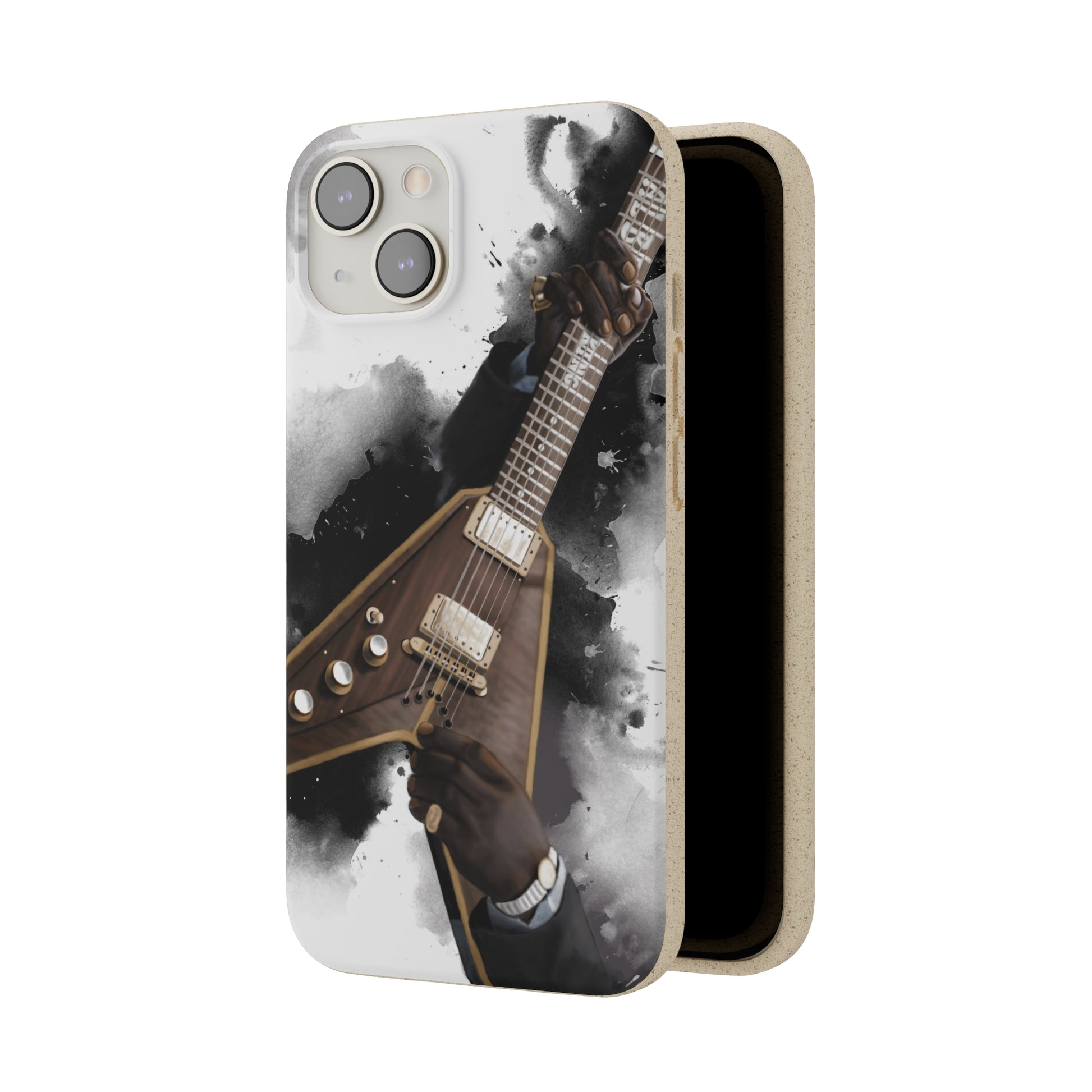 Digital painting of a brown- gold v electric guitar with hands printed on a biodegradable iphone phone case