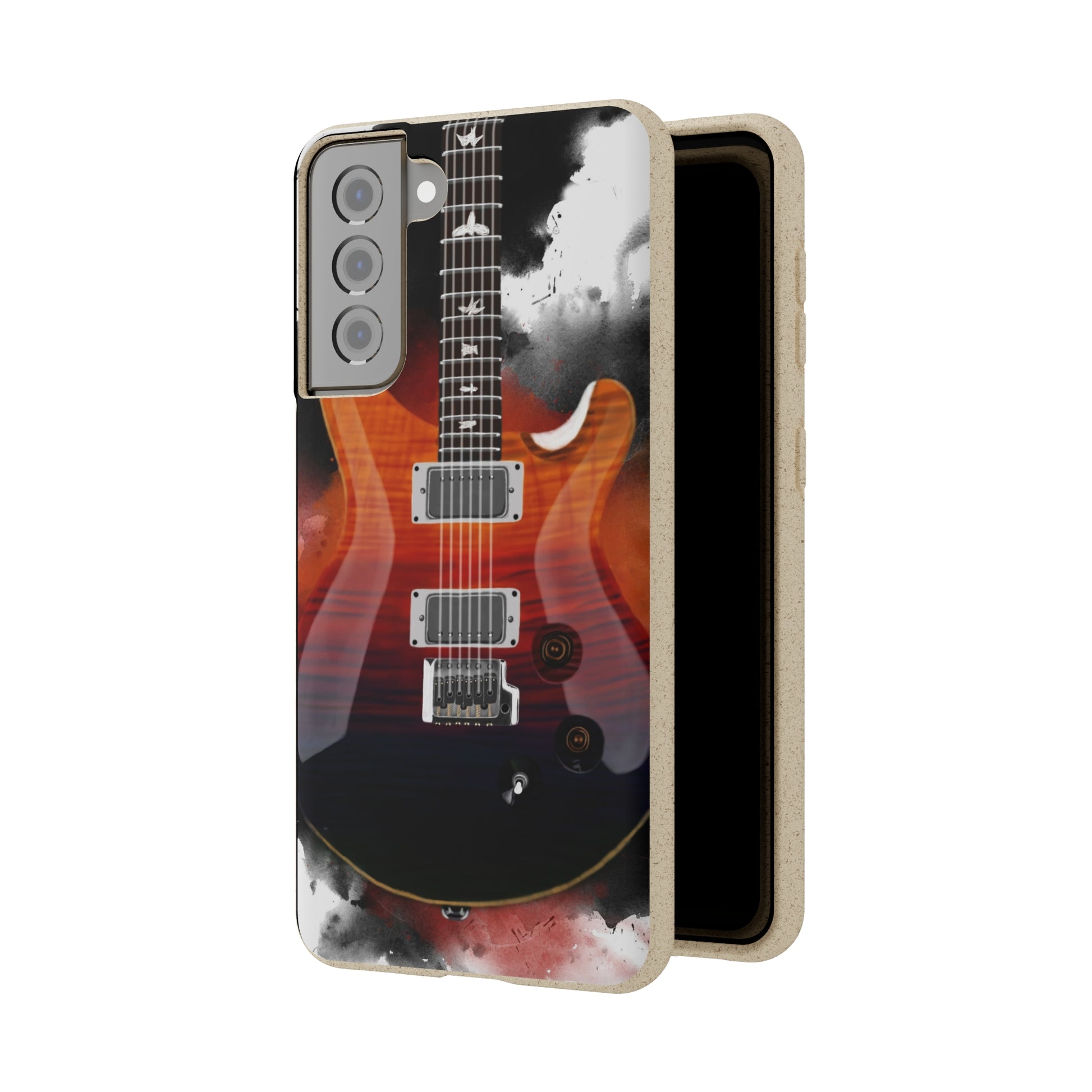 digital painting of an orange blue electric guitar printed on a biodegradable samsung phone case