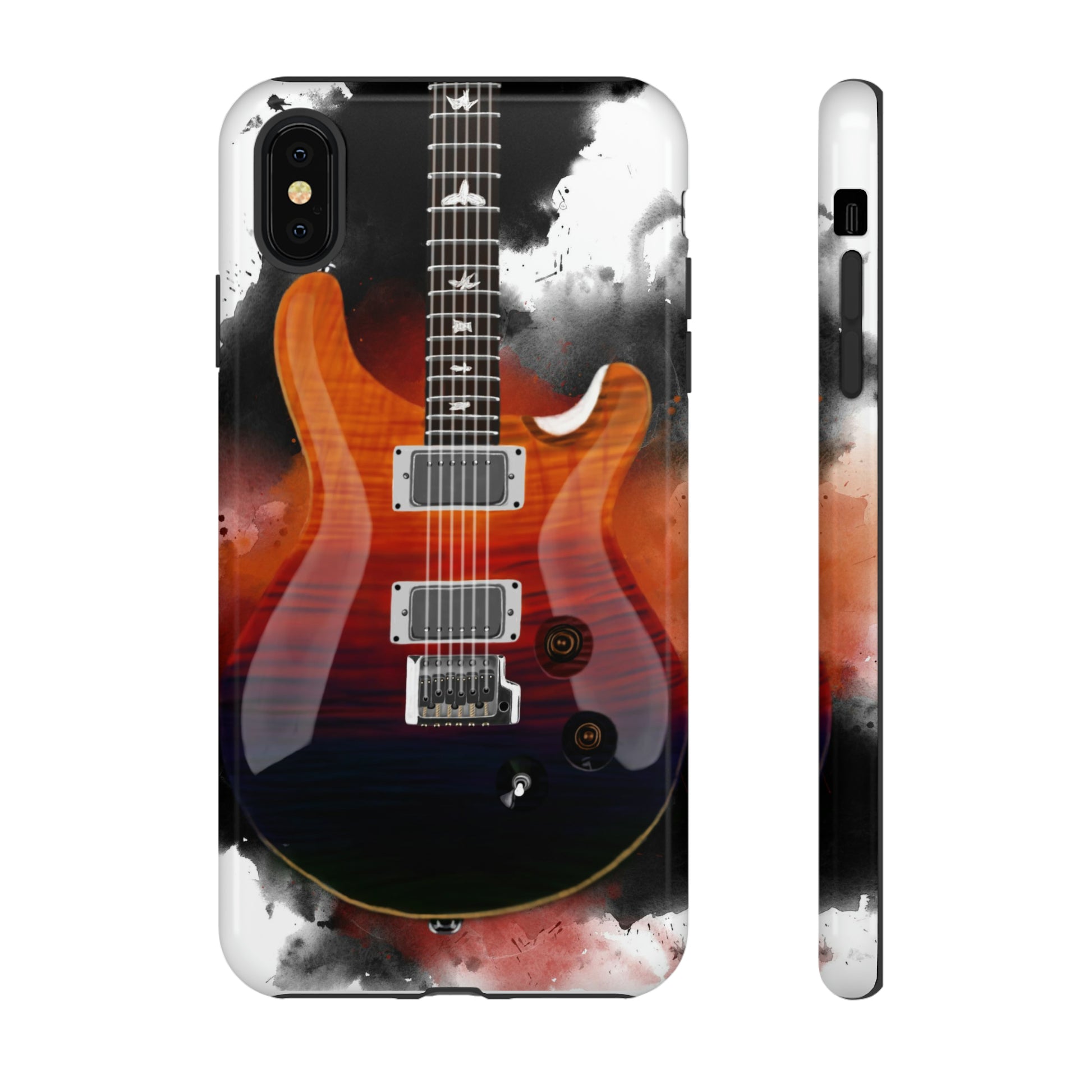 digital painting of an orange red blue electric guitar printed on an iphone mobile phone case