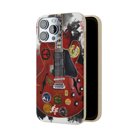 Digital painting of a vintage cherry red electric guitar with stickers printed on iphone phone case