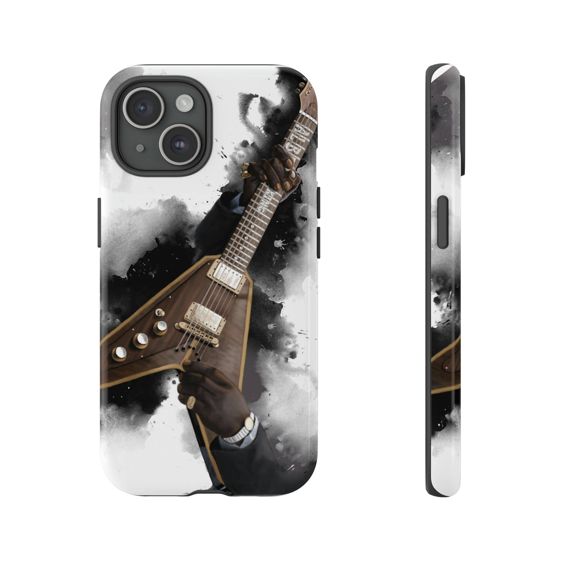 Digital painting of brown-gold electric guitar with hands printed on iphone phone case