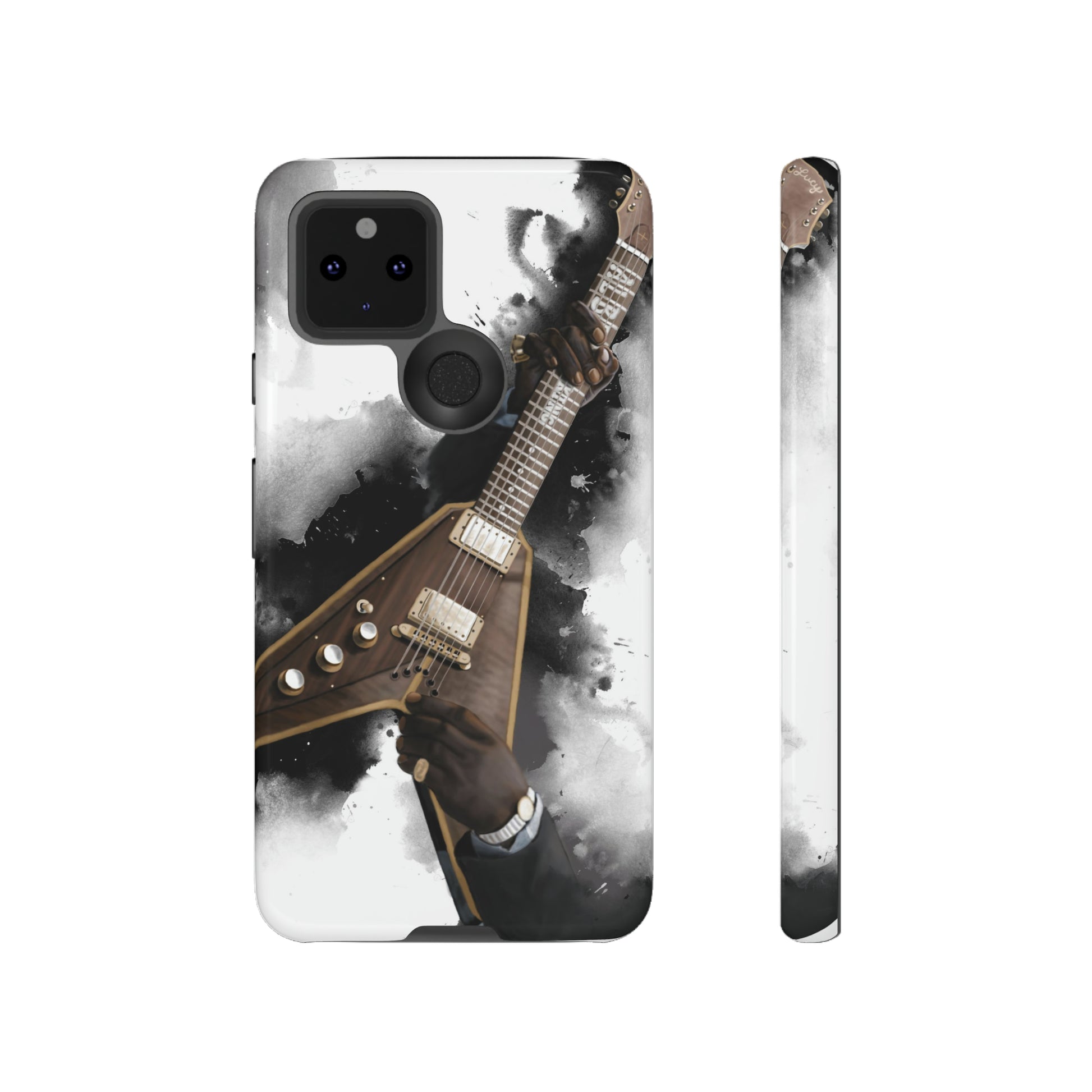 Digital painting of brown-gold electric guitar with hands printed on google phone case