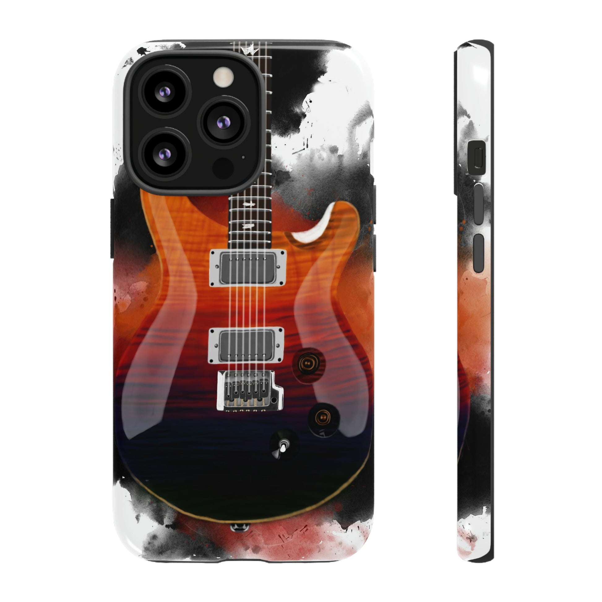 digital painting of an orange red blue electric guitar printed on a iphone mobile phone case