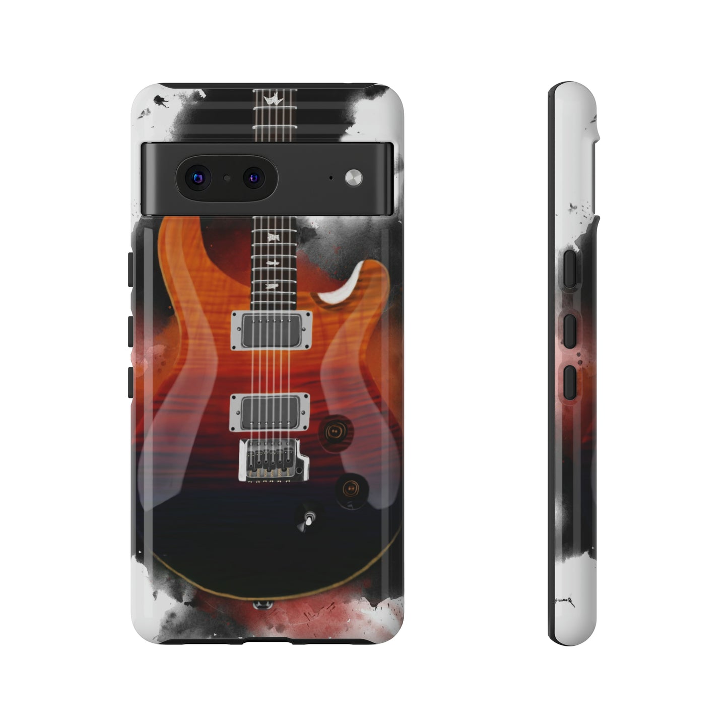 digital painting of an orange red blue electric guitar printed on a google mobile phone case