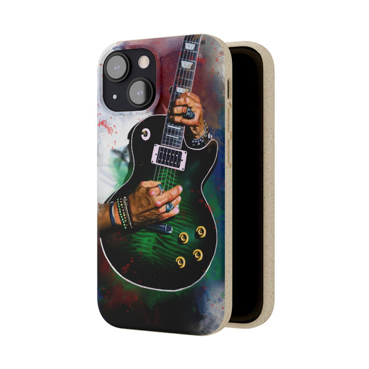Digital painting of an anaconda burst electric guitar with hands printed on biodegradable iphone phone case