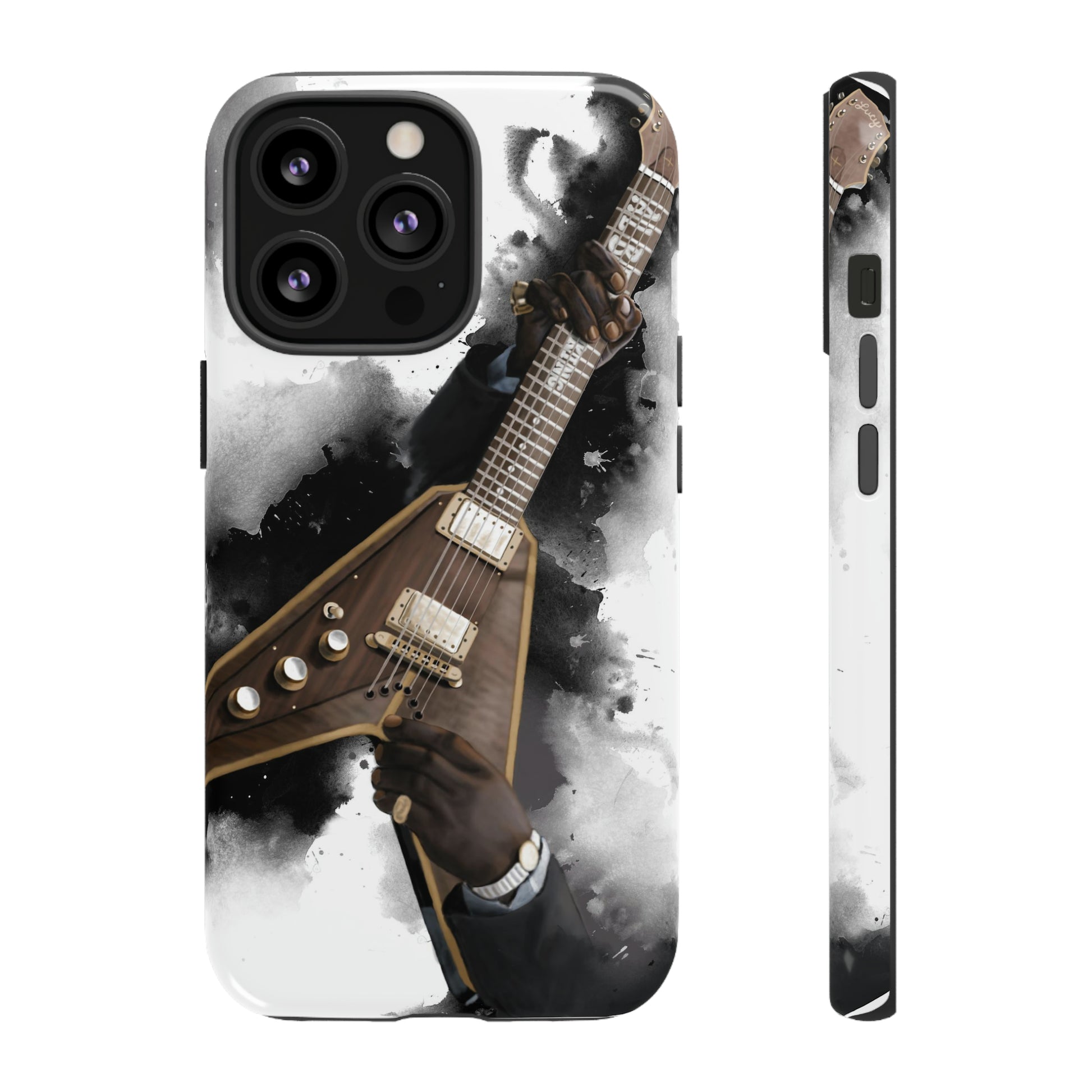 Digital painting of brown-gold electric guitar with hands printed on iPhone phone case