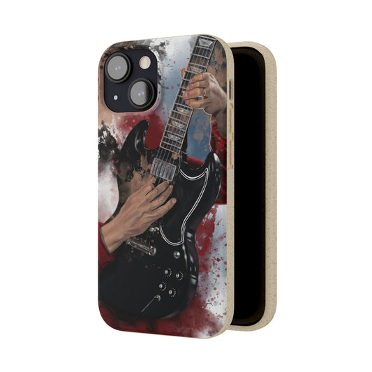 digital painting of a vintage black electric guitar with hands, and red blue background printed on a biodegradable iphone phone case
