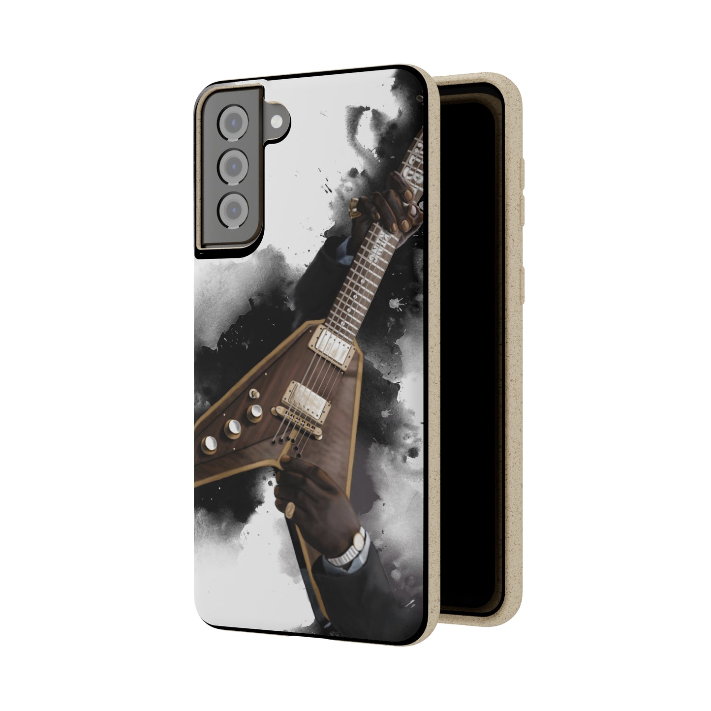 Digital painting of a brown- gold v electric guitar with hands printed on a biodegradable samsung phone case