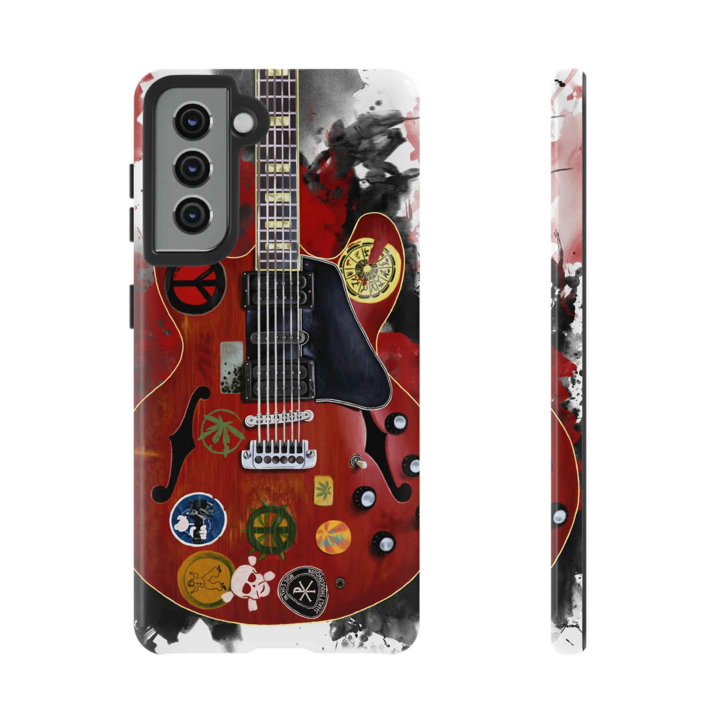 digital painting of a red electric guitar with stickers printed on samsung phone case