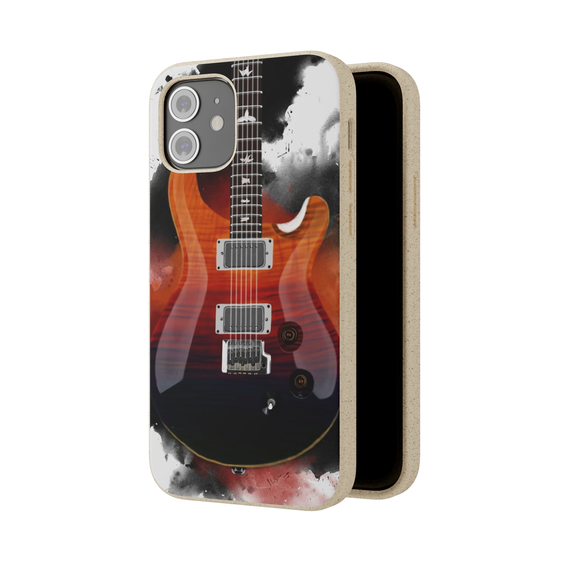 digital painting of an orange blue electric guitar printed on a biodegradable iphone phone case