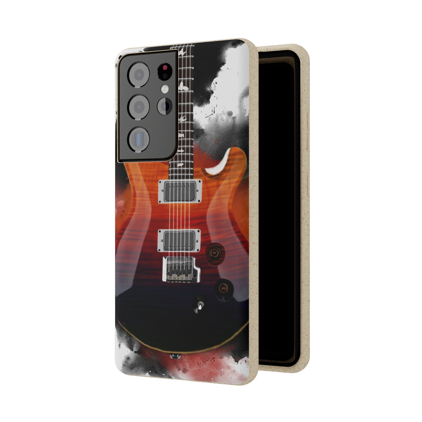 digital painting of an orange blue electric guitar printed on a biodegradable samsung phone case