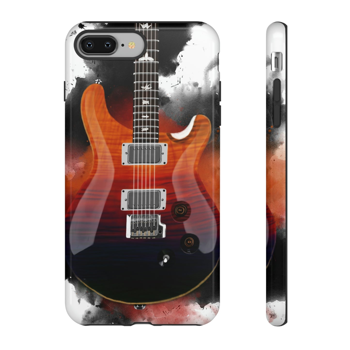 digital painting of an orange red blue electric guitar printed on an iphone mobile phone case