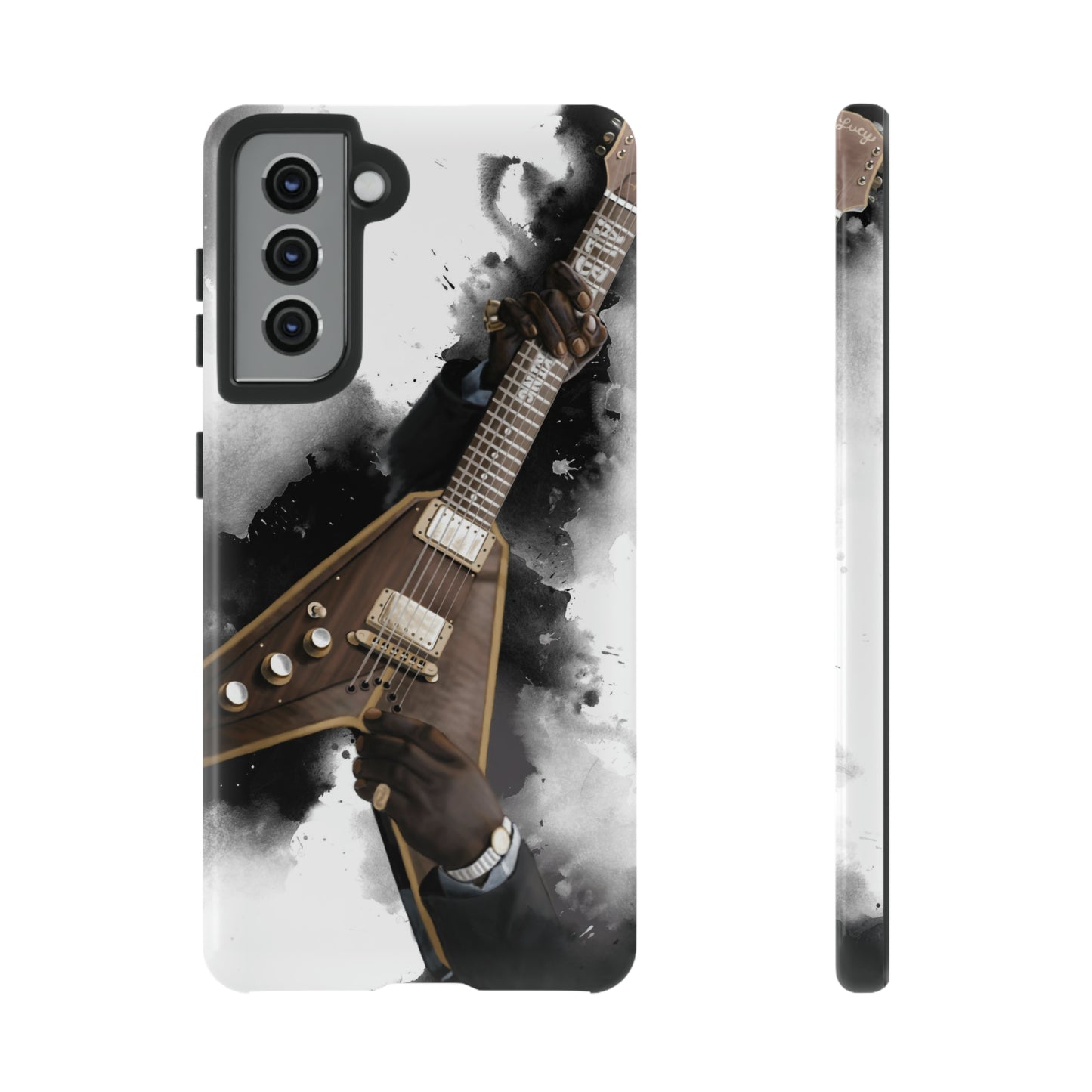 Digital painting of brown-gold electric guitar with hands printed on samsung phone case