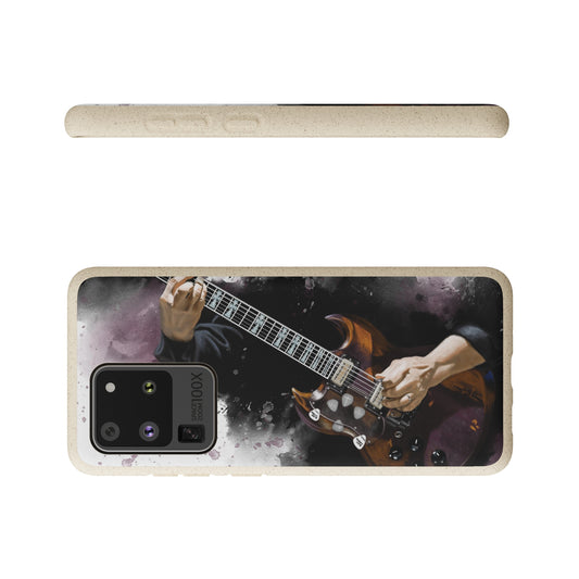 Digital painting of an electric guitar with tattooed hand printed on a biodegradable phone case