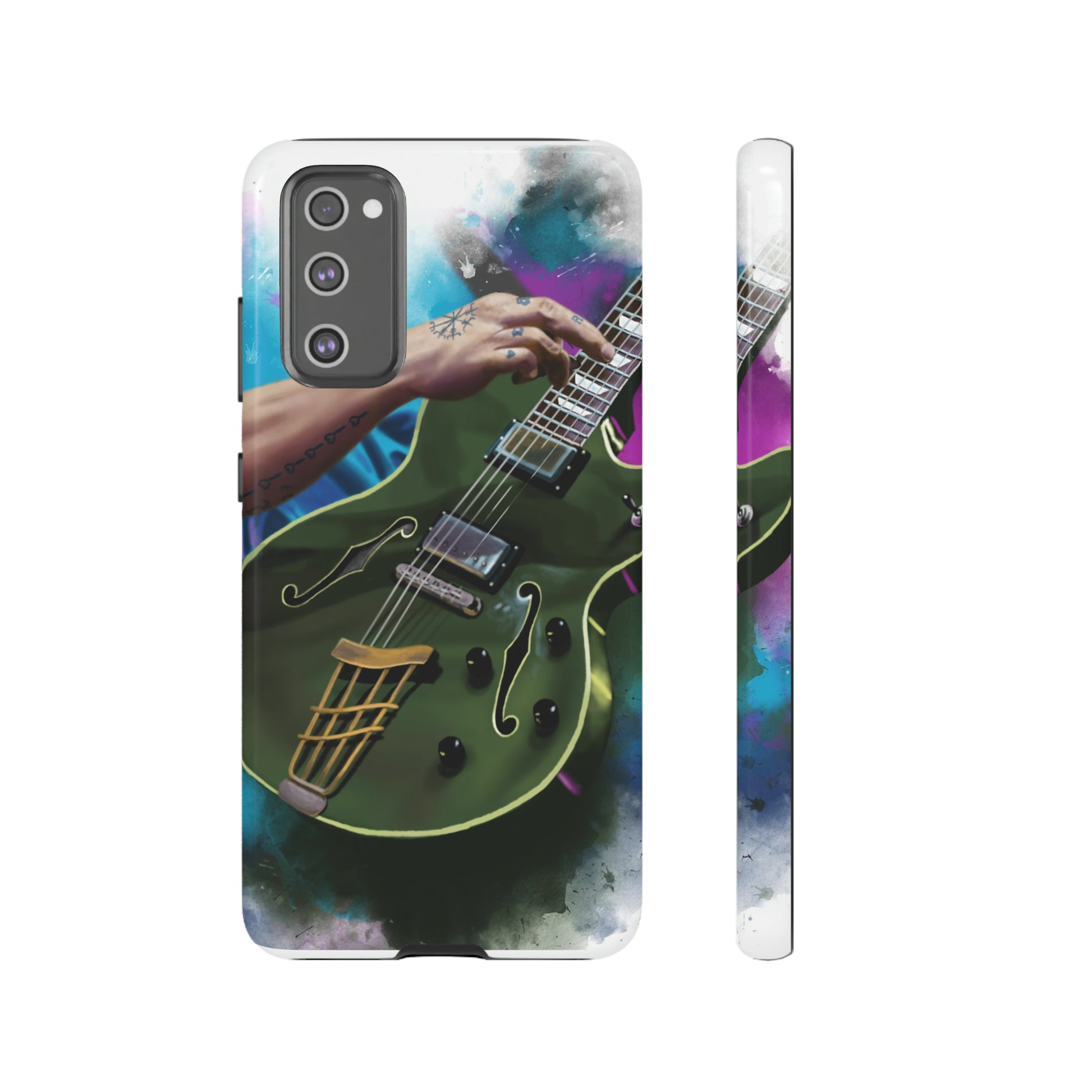 Digital painting of an olive green electric guitar with hand printed on samsung tough case