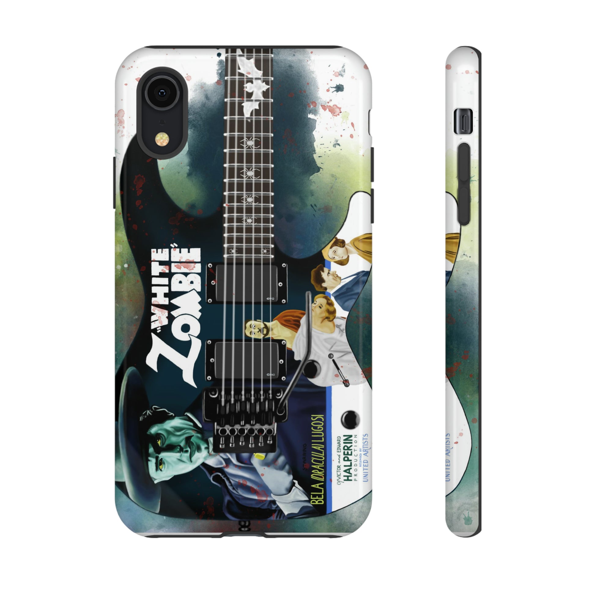 Digital painting of a blue electric guitar with a vintage movie poster on it printed on iphone phone case