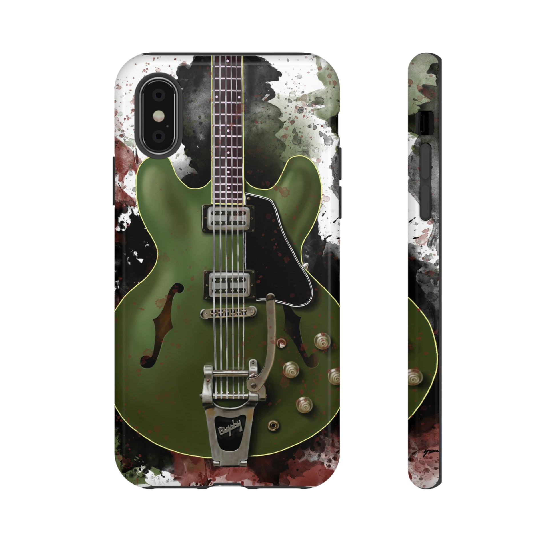 digital painting of a green electric guitar printed on an iphone phone case