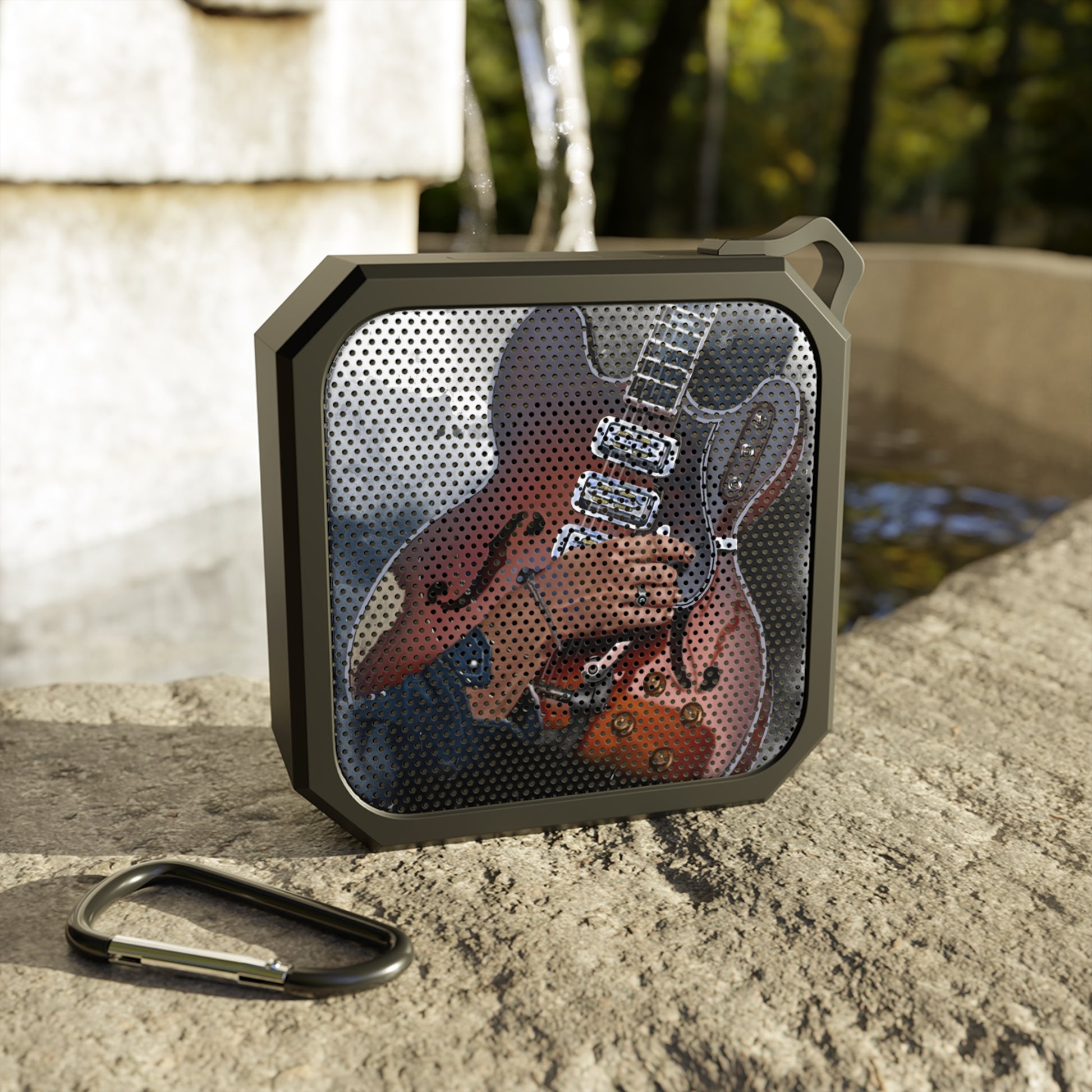 digital painting of a vintage electric guitar with hand printed on a bluetooth speaker