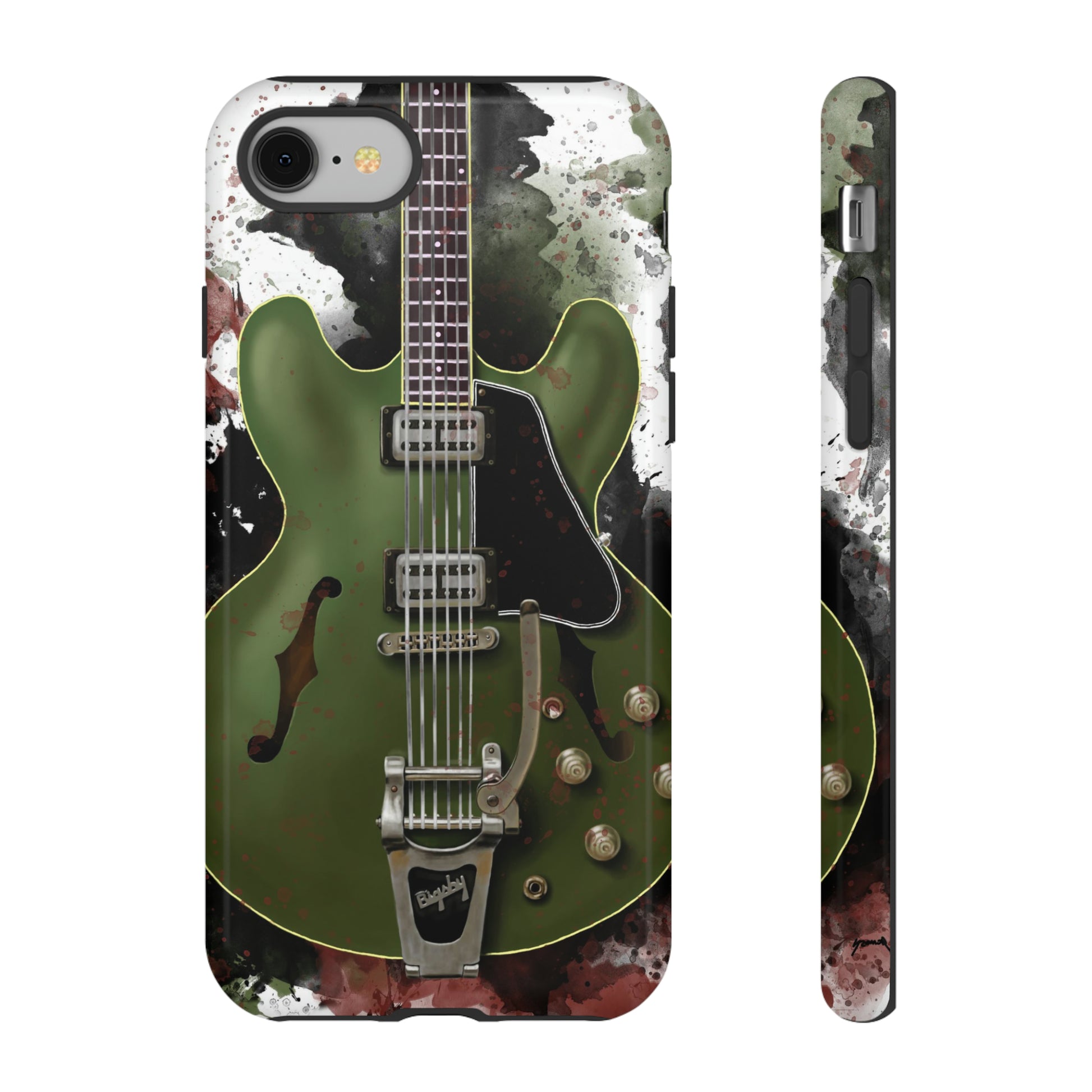 digital painting of a green electric guitar printed on an iphone phone case