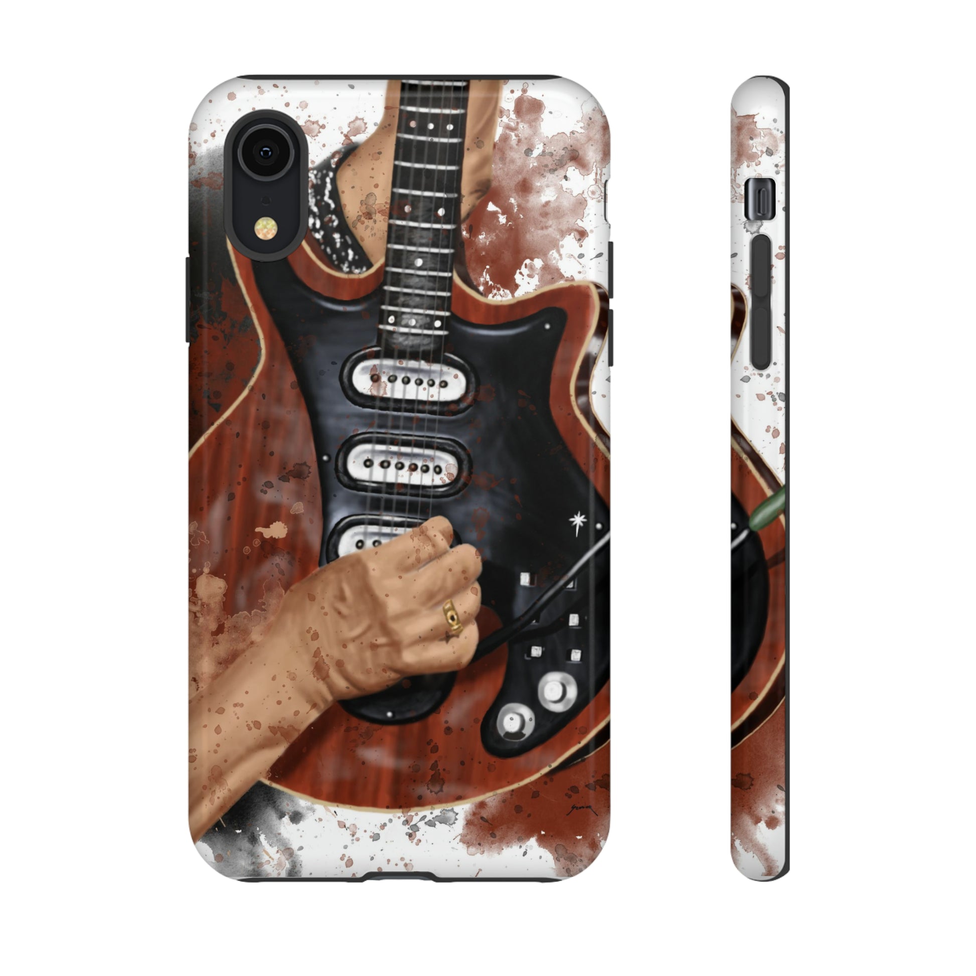 digital painting of a red black electric guitar with hands printed on an iphone case