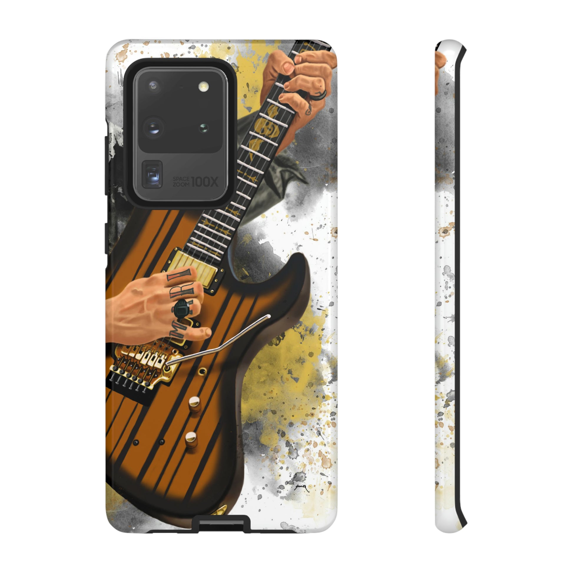 Digital painting of a burst black electric guitar with hands and tattoos printed on samsung tough case