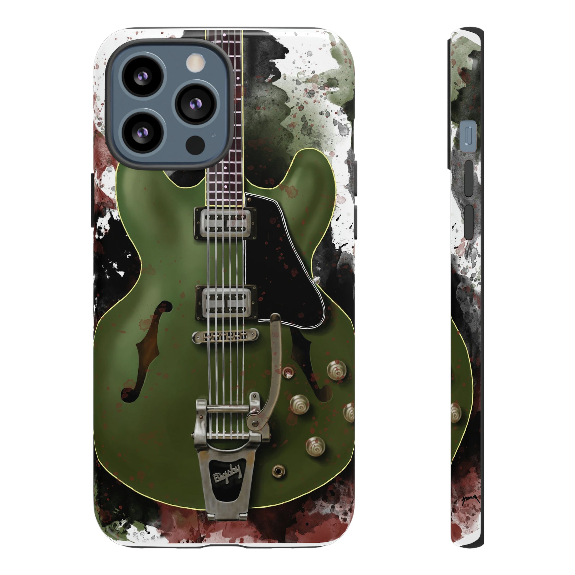 digital painting of a green electric guitar printed on an iphone phone case